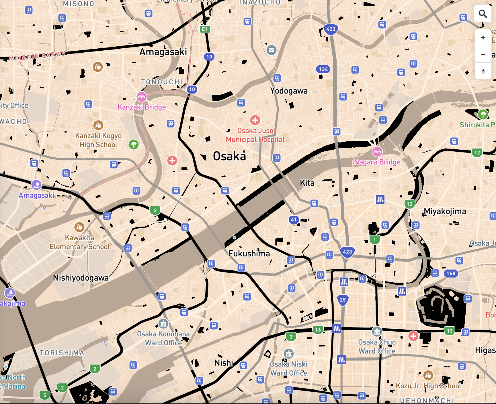 Beige-Brown Osaka City Center: Adjusted Greenspace color and Light preset to a dusk effect.
